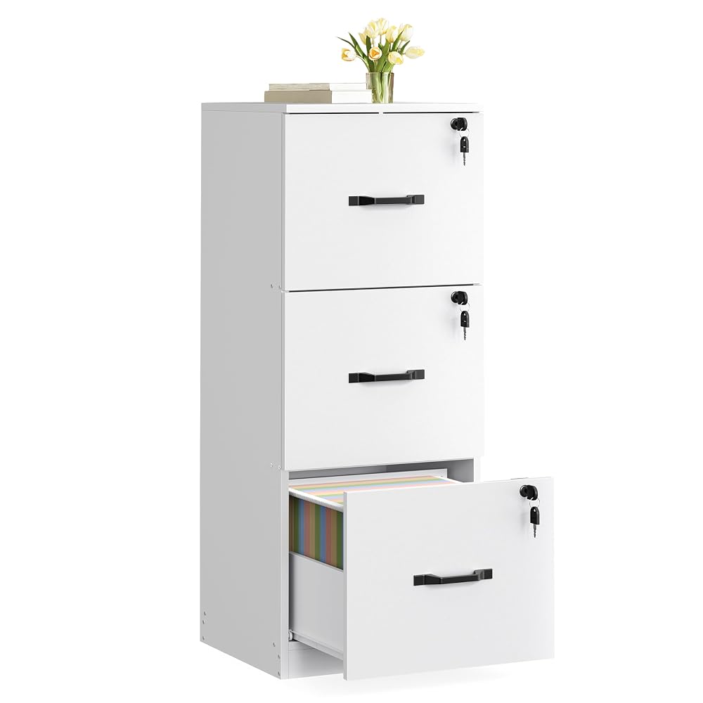 VASAGLE File Cabinet, Filing Cabinet for Home Office, Printer Stand, with 3 Lockable Drawers, Adjustable Hanging Rails, for A4 and Letter-Size Files, Cloud White CUSTOS Collection OFC055W14
