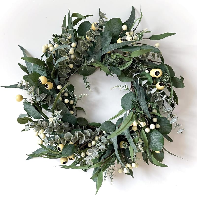 HomeKaren Wreaths for Front Door 22 Inch, All Season Greenery Wreath with Olive Eucalyptus Leaves and White Mixed Berry
