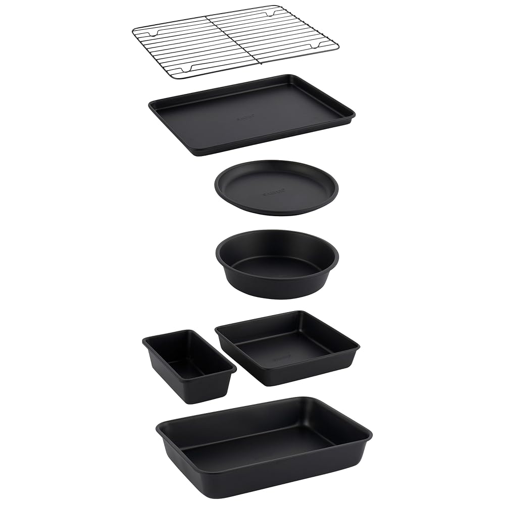 Salter Bakes Stackable 7 Piece Bakeware Set – Non-Stick with Baking Tray, Cake Tin, Tart Tin, Loaf Pan, Brownie Pan, Roasting Tin, Cooling Rack, Compact Storage, PFOA-Free, Oven Safe, Black