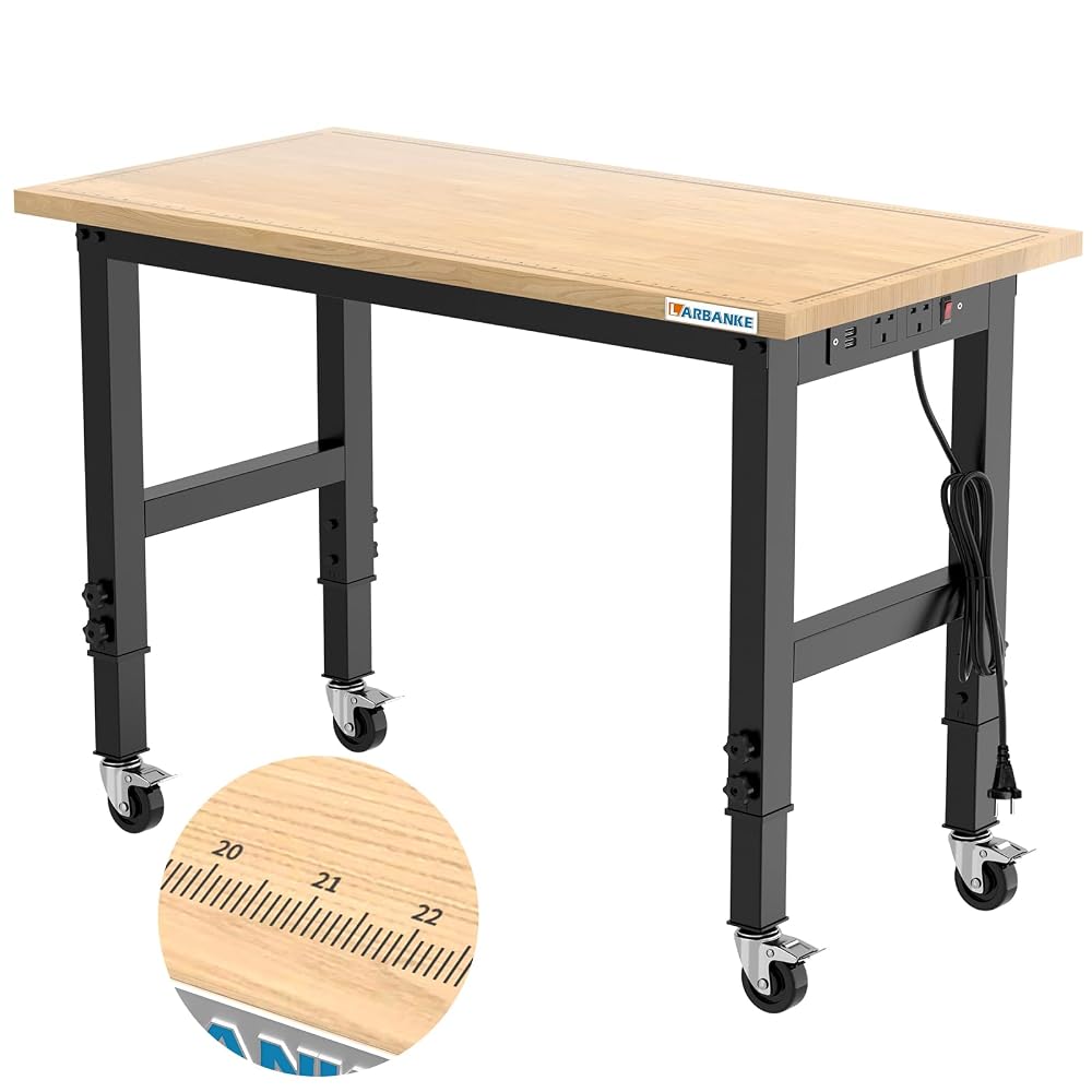 LARBANKE 120cm Heavy-Duty Workbench with Adjustable 5 Heights, Rubber Wood, Over 900kg Weight Capacity