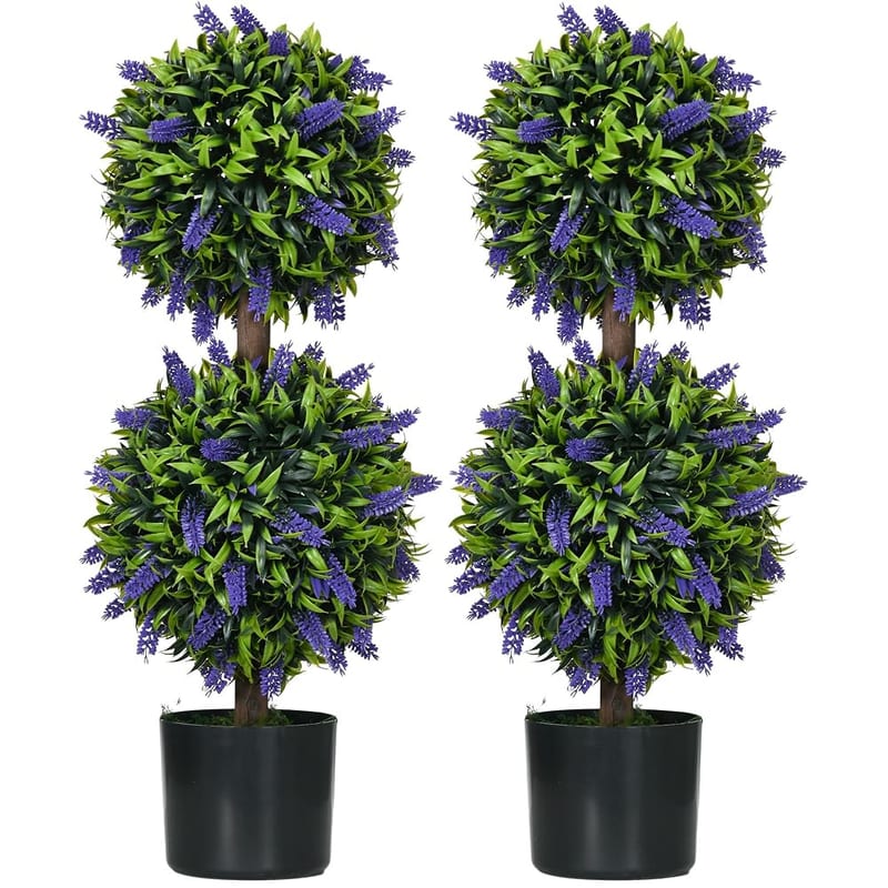 HOMCOM Set of 2 Artificial Lavender Ball Trees 70cm, Faux Topiary Plants in Pots for Indoor and Outdoor Decor