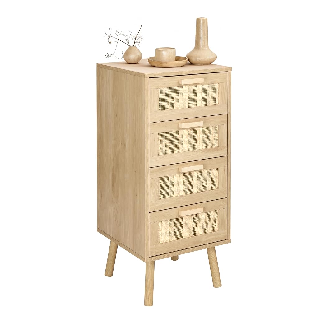Finnhomy Rattan Chest of Drawers, Tall Chest with 4 Hand-Made Rattan Drawers