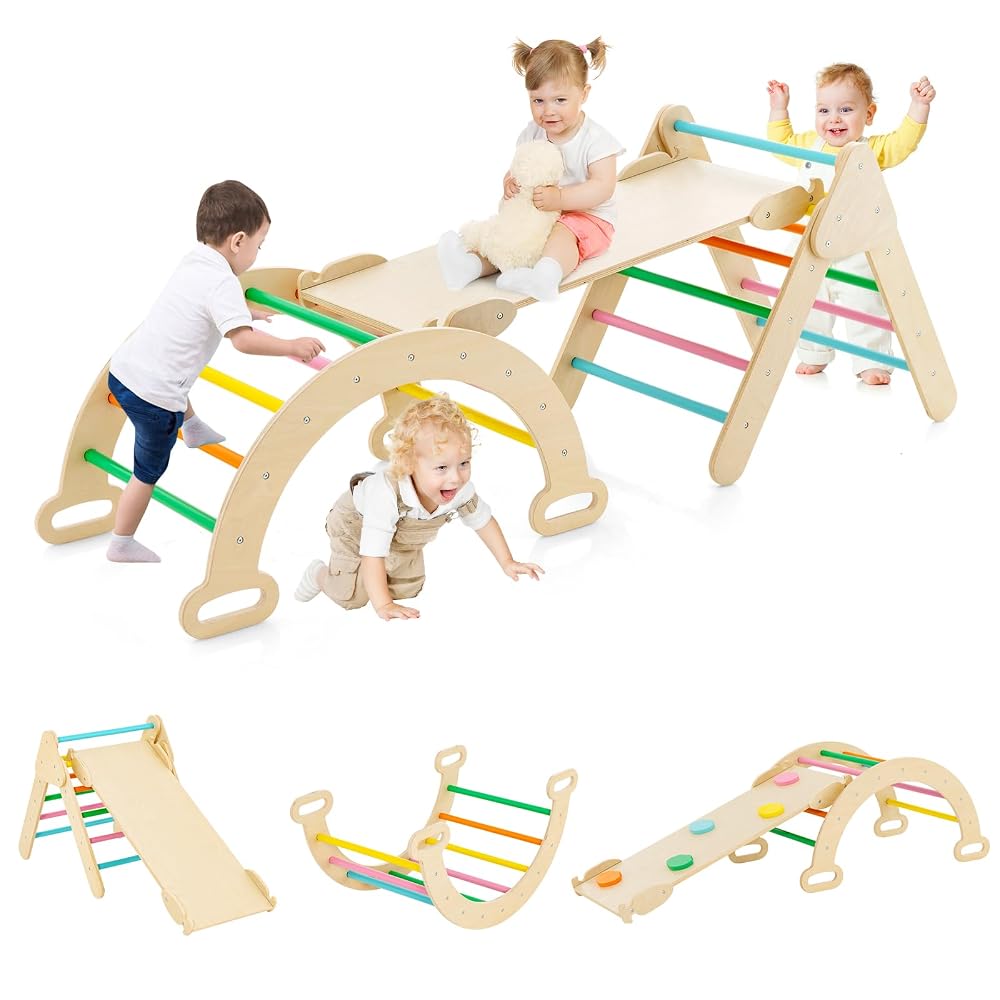 GYMAX 3 in 1 Kids Climbing Set, Wooden Toddler Climber with Reversible Ramp and Arch, Outdoor Indoor Climbing Frame for 1 Years Old + Boys Girls (Colorful)