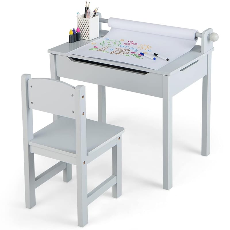 GYMAX Kids Desk and Chair Set, Wooden Children Art Table with Storage Space, Paper Roll and Markers, Lift-up Tabletop Design, Toddler Study Desk Set for 3 Years Old + Boys Girls (Grey)