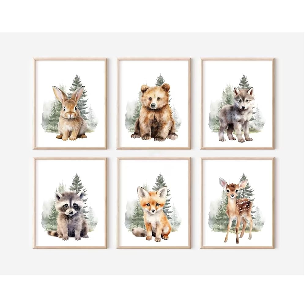 Woodland Animal Nursery Wall Art Decor, Set of 6 Prints