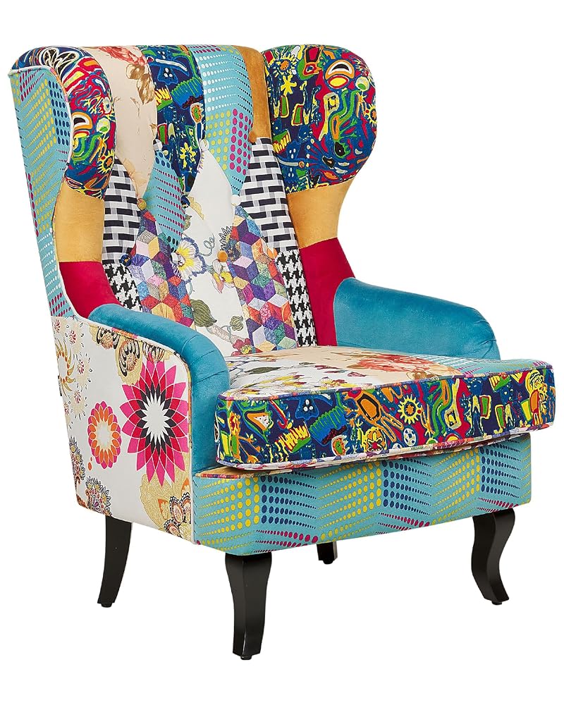 Beliani Molde Wingback Fabric Armchair with Removable Cover, Multicolour Patchwork