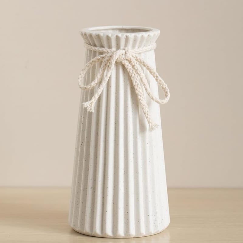 White Ceramic Vase, Small Ribbed Flower Vase for Home Table and Shelf Décor