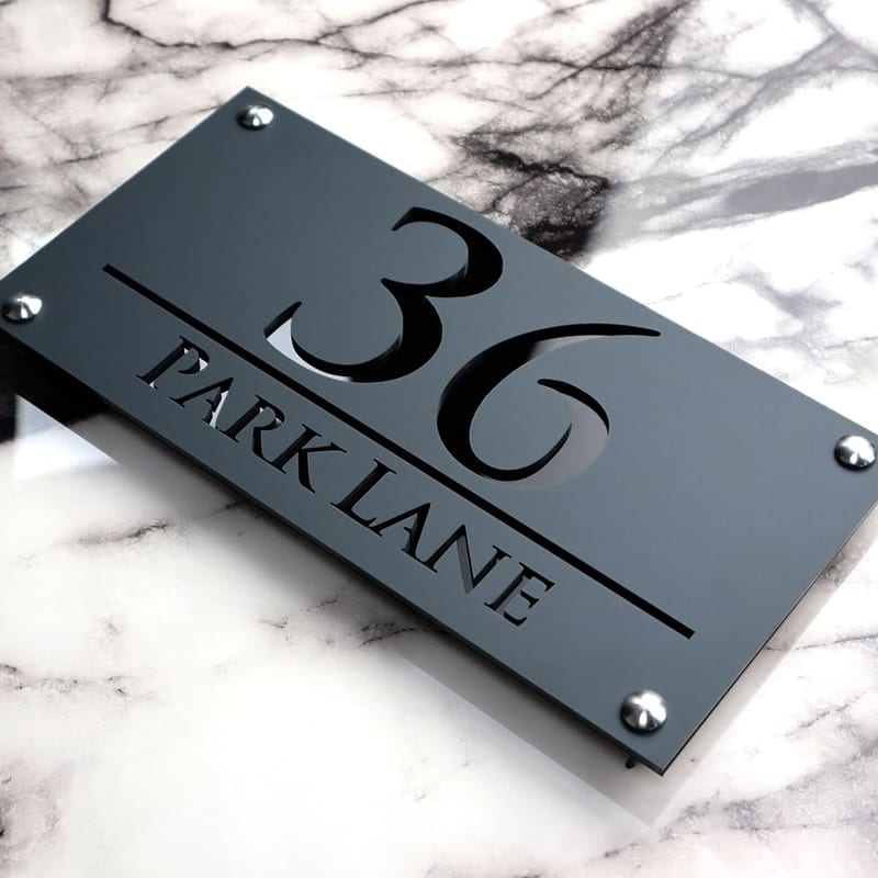 K Smart Sign LUXE H3 F32 3D Laser Cut House Number Plaque, Mirrored Acrylic, Dark Grey & Gloss Black