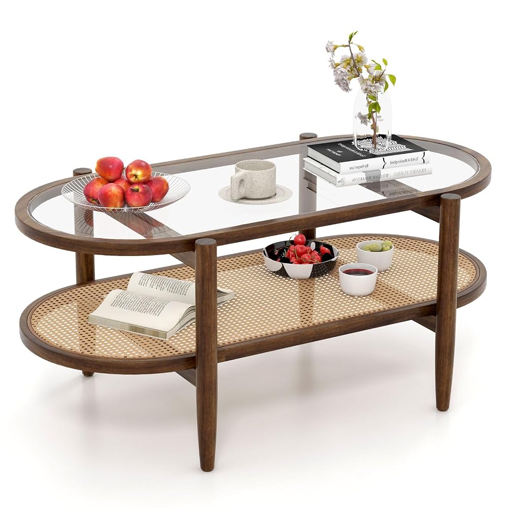 CASART 2-Tier Glass Coffee Table with Acacia Wood Frame & Rattan Shelf