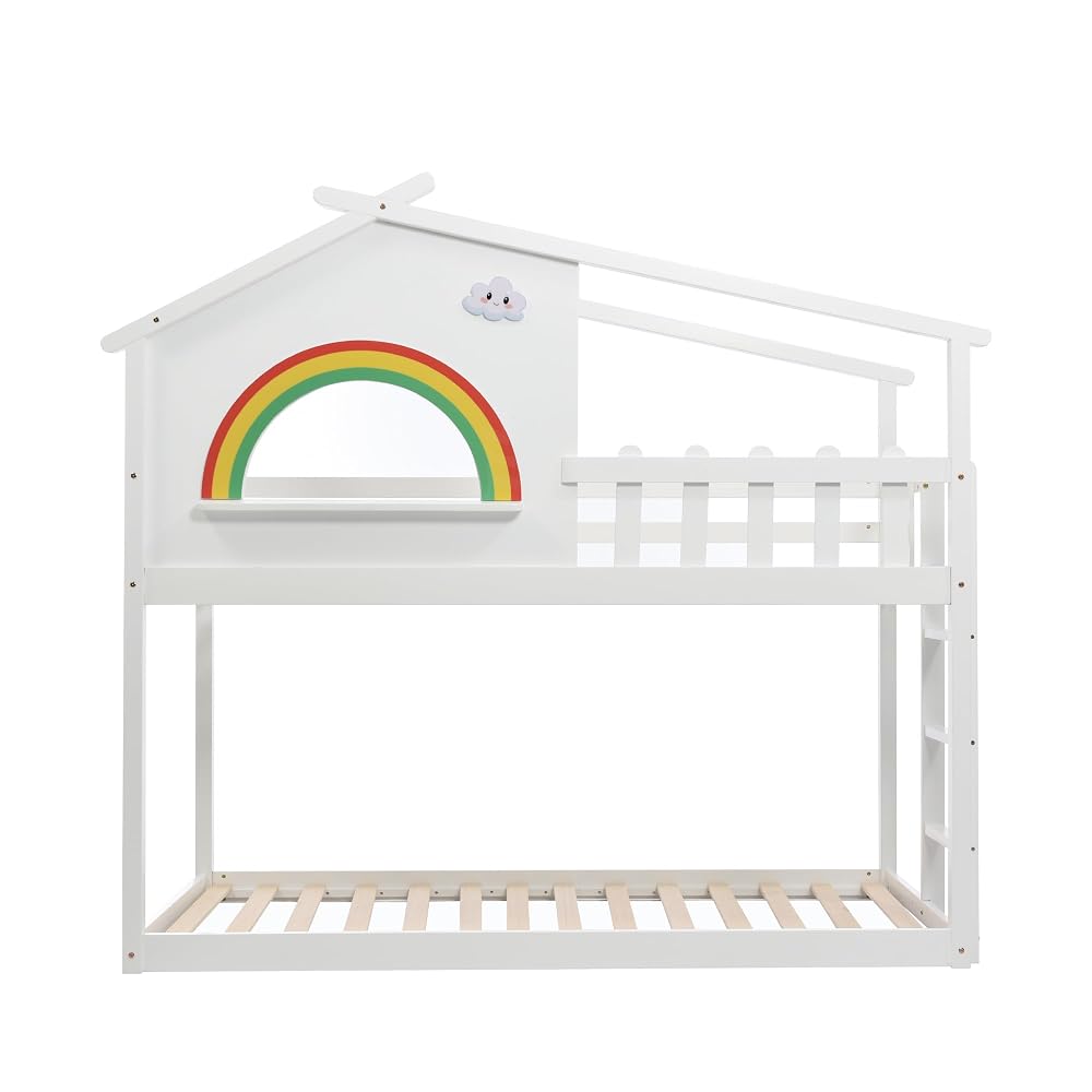 Merax 3FT Bunk Bed, Toddler Bed with Ladder, Rainbow Design, 90x190cm White