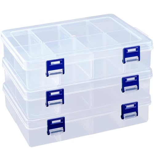 RAINPOP 3 Pcs Clear Craft Storage Boxes, Adjustable Dividers, 8 Grids Plastic Tiered Organiser for Diamond Embroidery, Beads and Jewellery