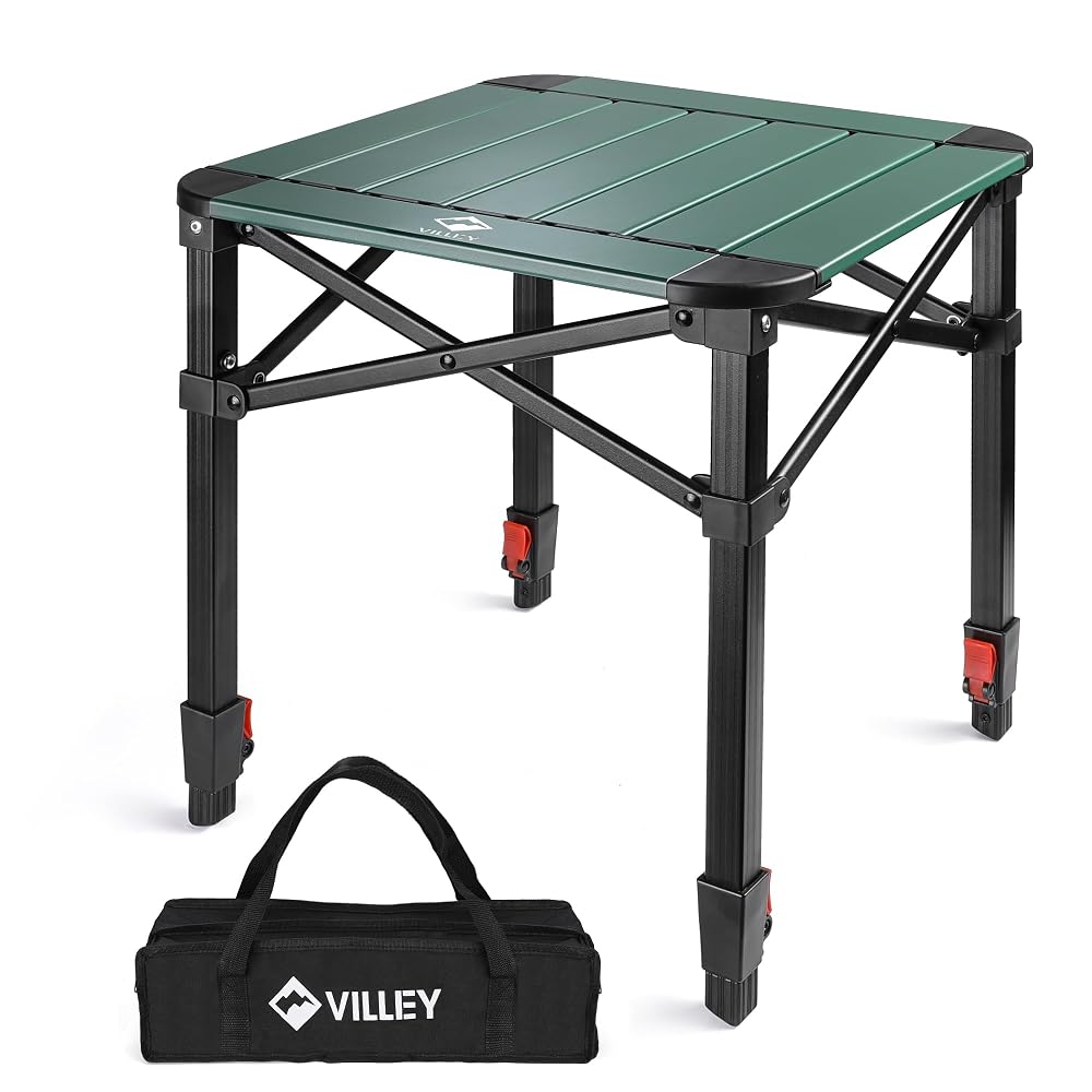VILLEY Folding Camping Table, Lightweight Aluminium Portable Table (Small) | Adjustable Height, Roll-Up Design, Carry Bag, Picnic & Outdoor Use