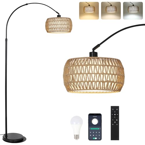 Arc Floor Lamp for Living Room with 3 Colour Temperatures, Black Standing Lamp with Remote & Dimmable LED Bulb, Rattan Boho Over Couch Reading Light