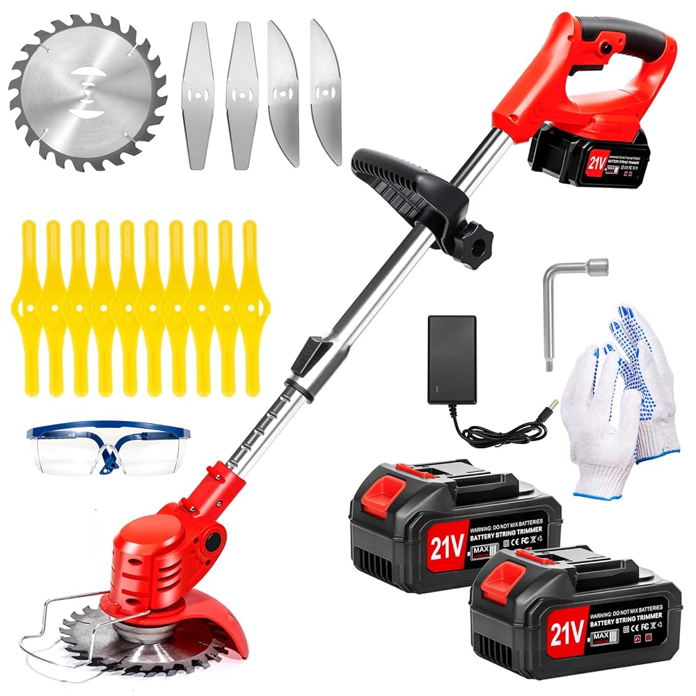 21V Cordless Strimmer Grass Trimmer, Brush Cutter with 2 Batteries, 15 Blades, Telescopic, UK Garden Lawn Edging