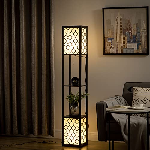 HOMCOM 3-Tier Floor Lamp with Shelves and Storage, Dual Light, Modern Standing Lamp with Lampshade, Chain & Foot Switch