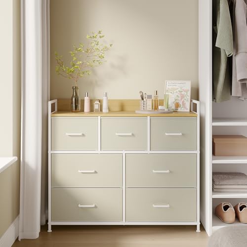 SONGMICS Chest of Drawers, Bedroom Cabinet, 7 Fabric Drawers with Handles, Metal Frame, Cream White and Oak Beige BELLAH Collection LTS523WD01