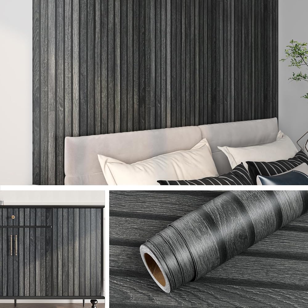 Livelynine 3D Wood Effect Wallpaper Dark Grey 40CMx5M Peel and Stick Wood Panel Wall Paper, Wooden Slat Wallpaper Self Adhesive