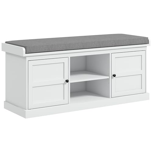 HOMCOM Shoe Storage Bench, Shoe Rack Bench with Seating Cushion, Drawer, 3 Open Compartments and Table Top for Entryway, Hallway, White