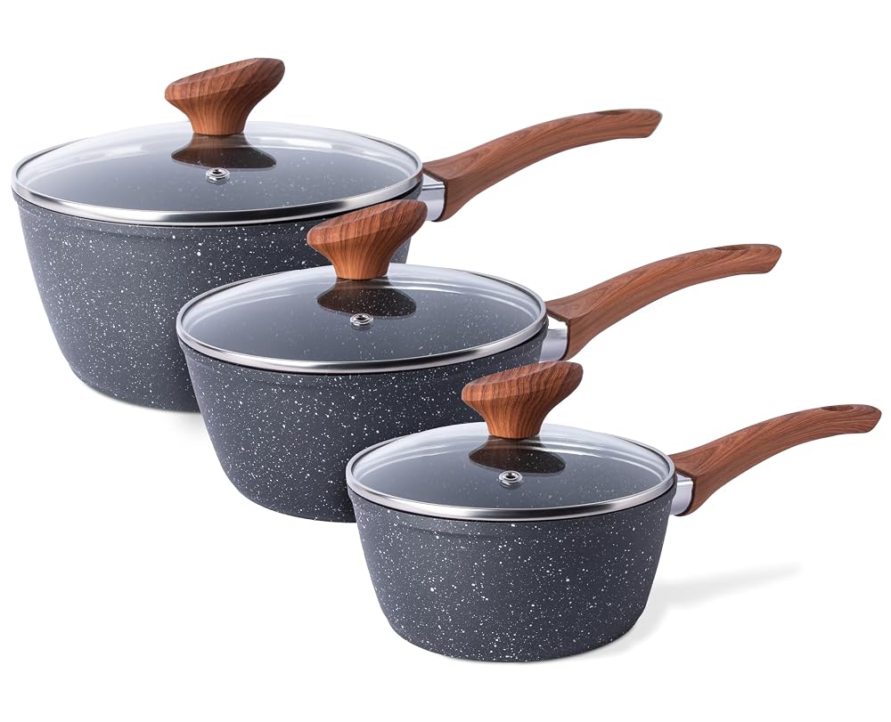 Nuovva Non-Stick Saucepan Set, Induction Saucepan with Lid, 3pcs Marble Sauce Pan, 16cm 18cm 20cm