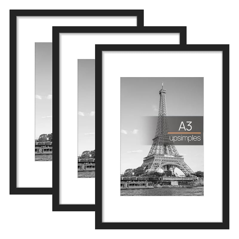 upsimples 3 Pack A3 Frame, Black A3 Picture Frames Set with Mat for 6x8/8x10 Photo, Wall or Tabletop Display