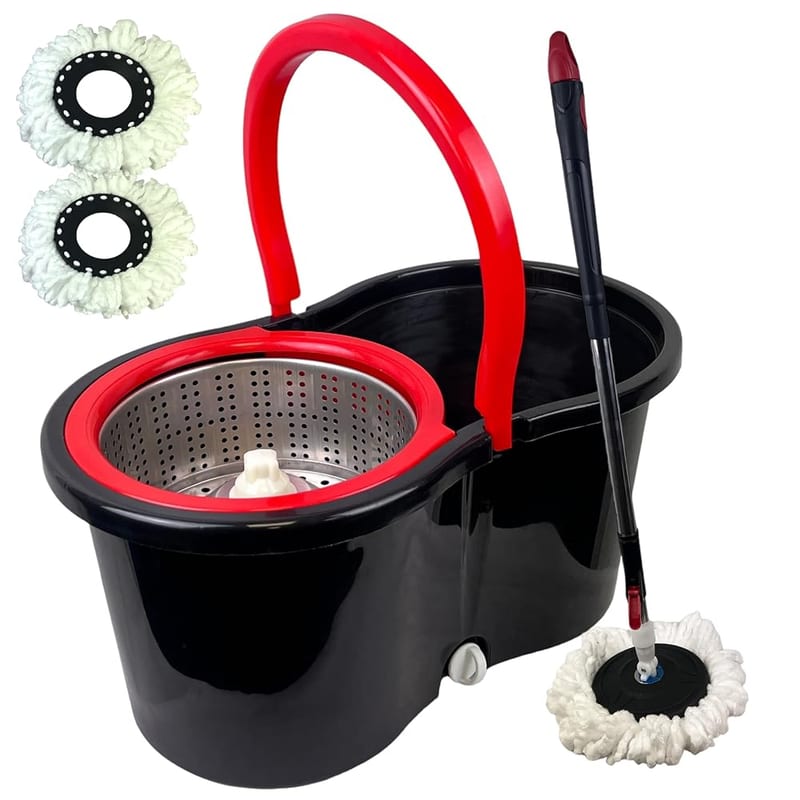 Spin Mop Bucket Set with Spin 360 Wringer and 2 Microfibre Mop Pad Heads, Telescopic Easy Press Handle