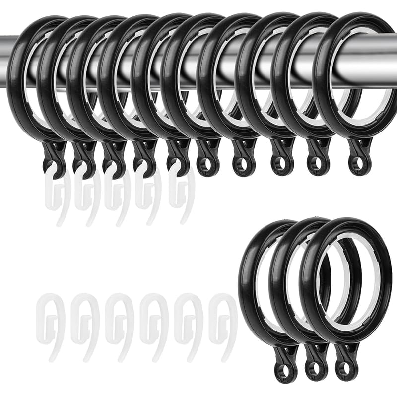 40 Pack Curtain Rings and Hooks, KissDate Black 36mm Hanging Rings with Plastic Hooks for Curtains, Drapes and Sliding Eyelet Rings