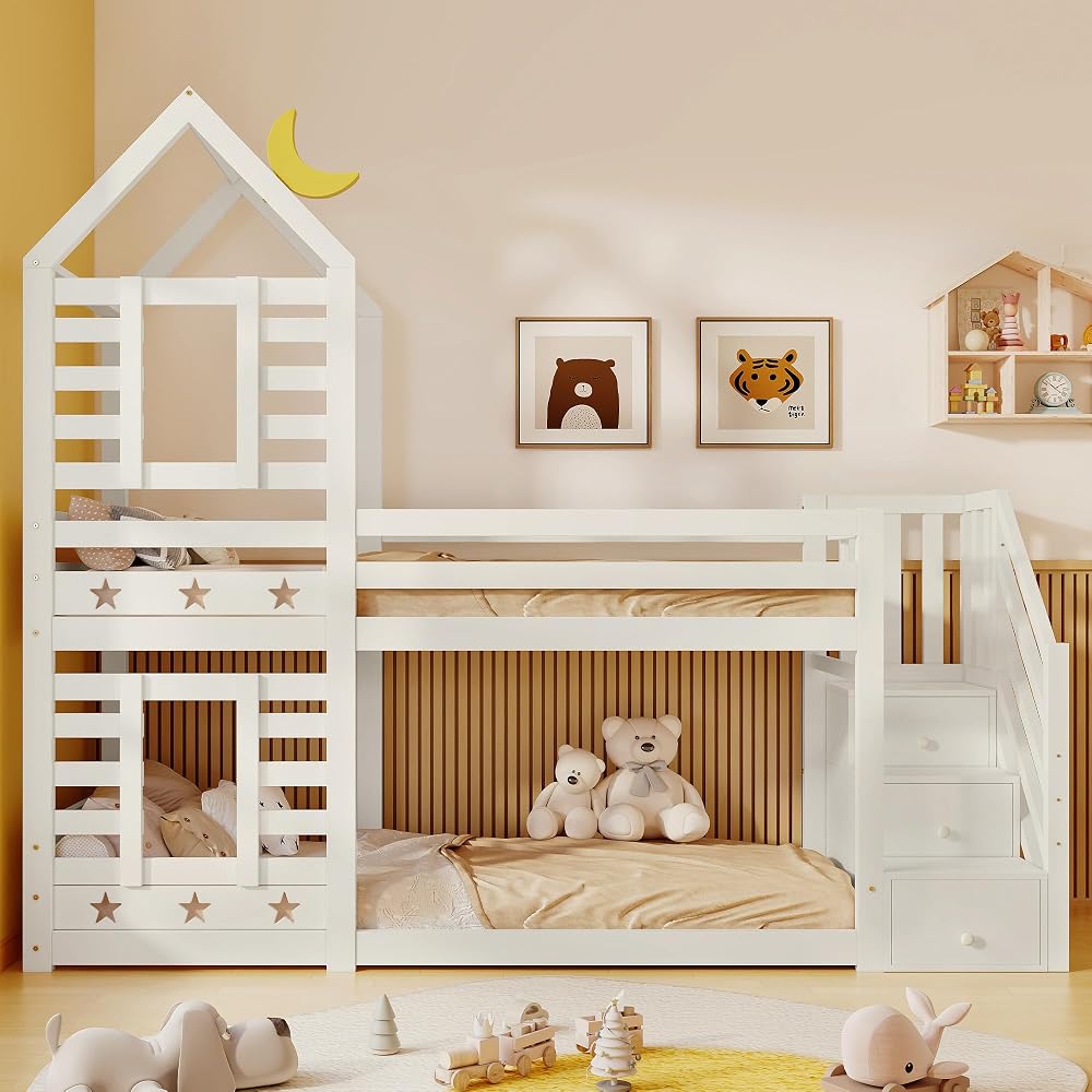 LTGB Bunk Bed with Storage Stairs, House-Frame Cabin Bed with Window (White)