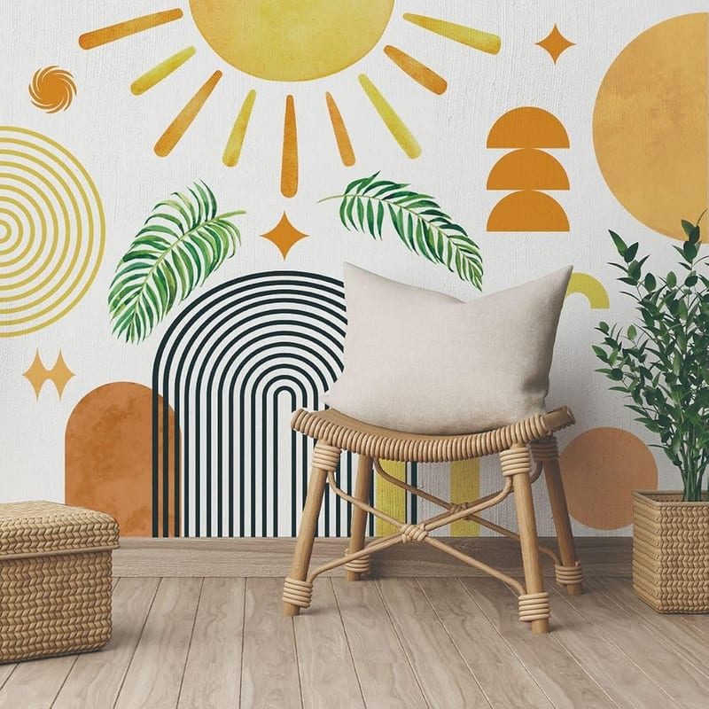 Runtoo Boho Wall Decal Arch Sun Palm Leaves Wall Stickers for Nursery, Abstract Modern Home Decor