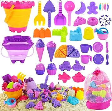 Elovien Beach Sand Toys, 50Pcs Sandpit Toys with 2 Collapsible Buckets and Spade, Mesh Backpack Bag, Ice Cream, Cake & Castle Sand Molds, Summer Outdoor Travel Toys for Kids Toddlers Girls