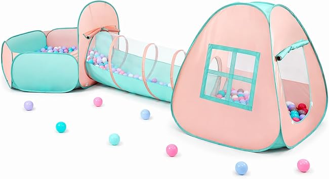 3 in 1 Pop Up Kids Play Tent with Tunnel and Ball Pit for Kids, Boys, Girls, Babies and Toddlers, Indoor/Outdoor Playhouse,Orange Pink/Light Green