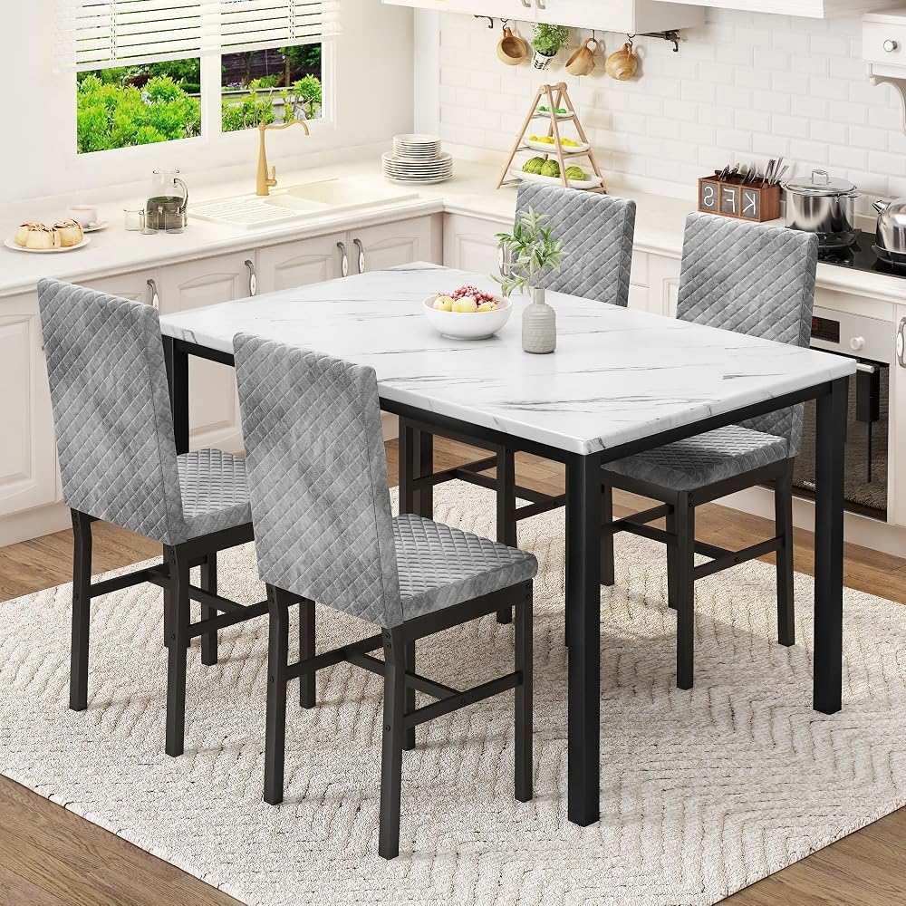HOOSENG Dining Table and Chairs Set of 4, Faux Marble Top with Velvet Chairs
