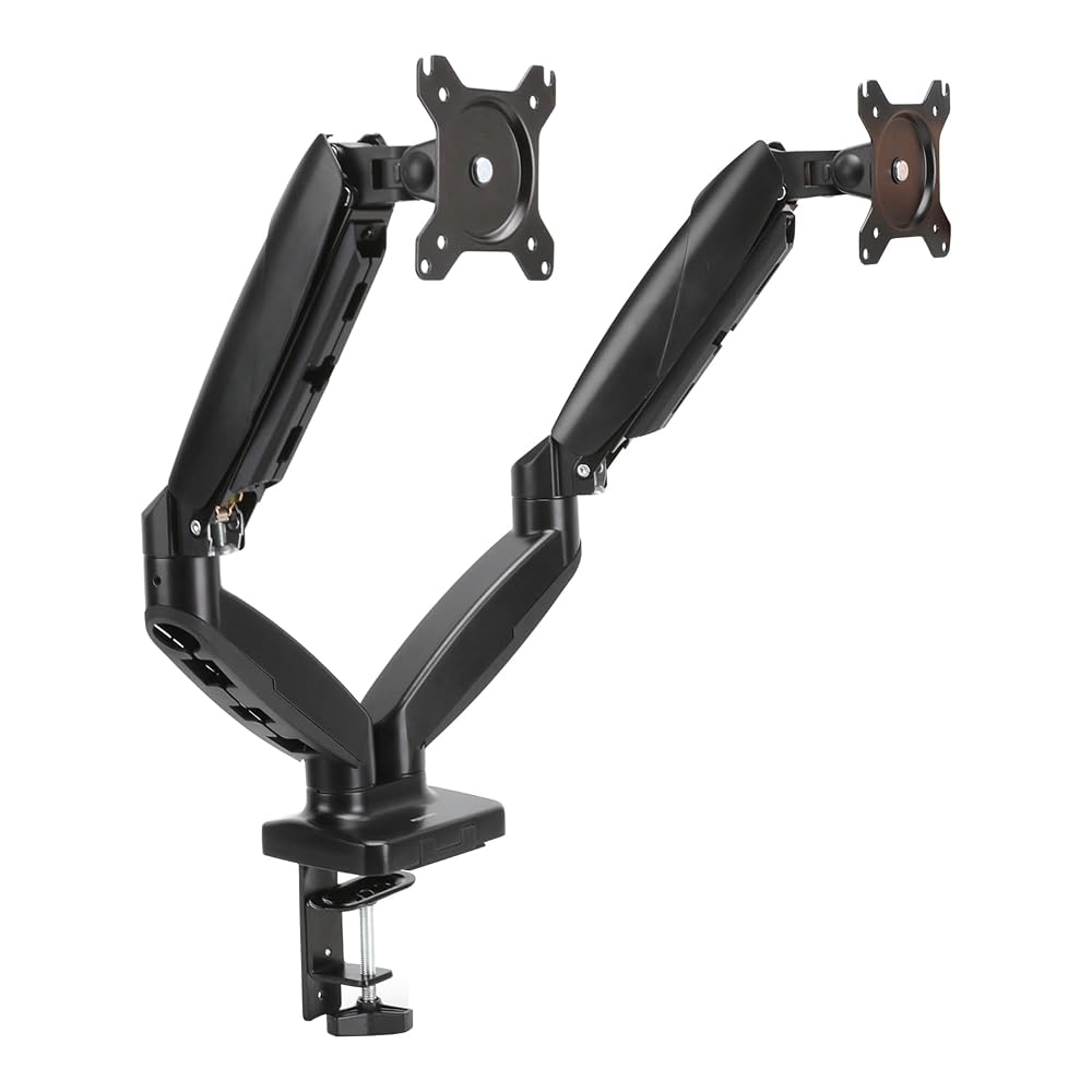 Amazon Basics Gas Spring Dual Monitor Arm Desk Mount, Adjustable Tension, Fits 38.1-68.6 cm Monitors, Supports 2-7kg Each Arm, VESA 75x75/100x100, Black