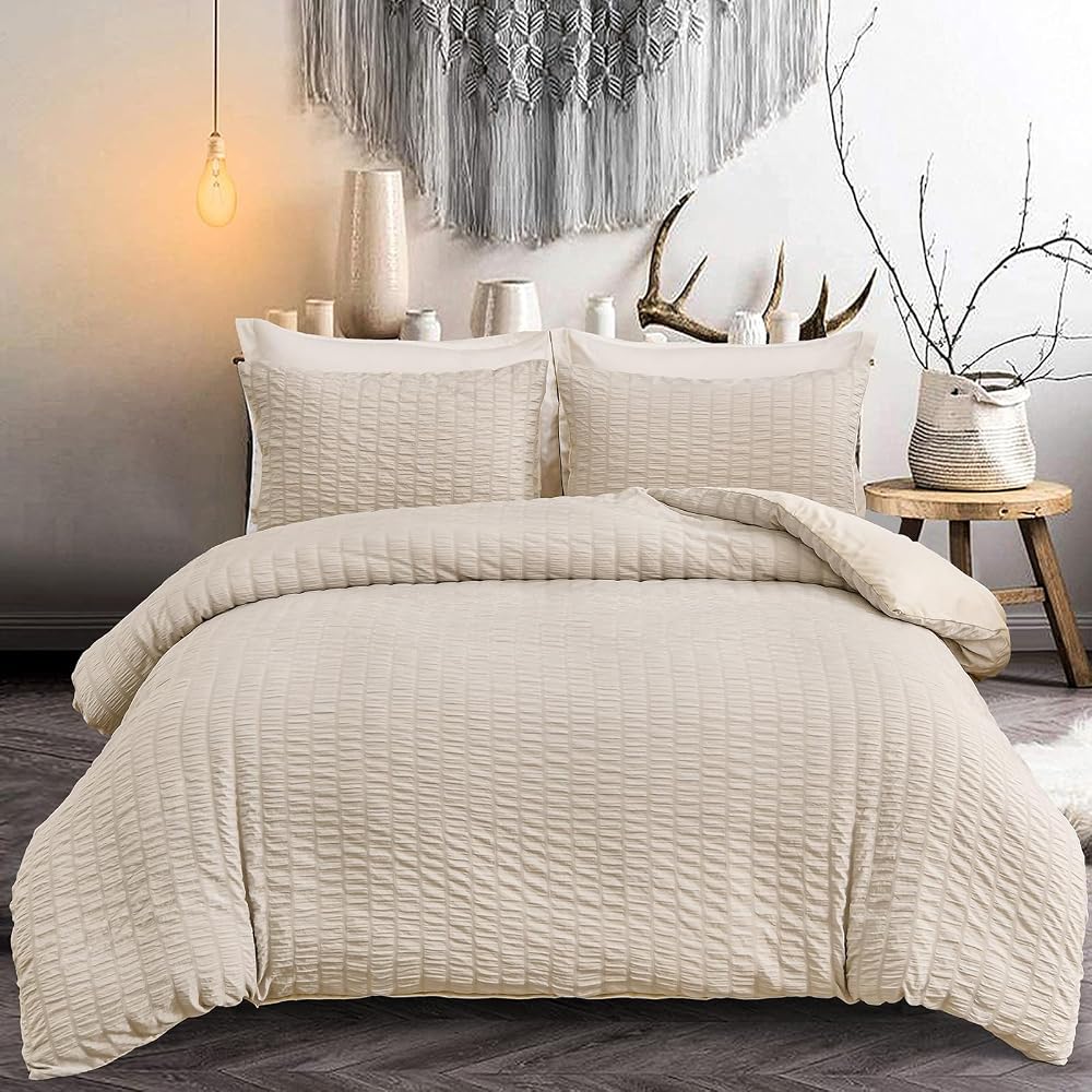 Beige Seersucker Bedding Set King Size, Textured Duvet Cover with Pillowcases