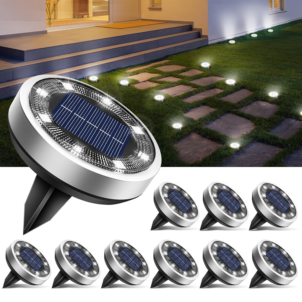 btfarm Solar Ground Lights Outdoor, 10 Pack 8 LED Solar Disk Lights, IP65 Waterproof
