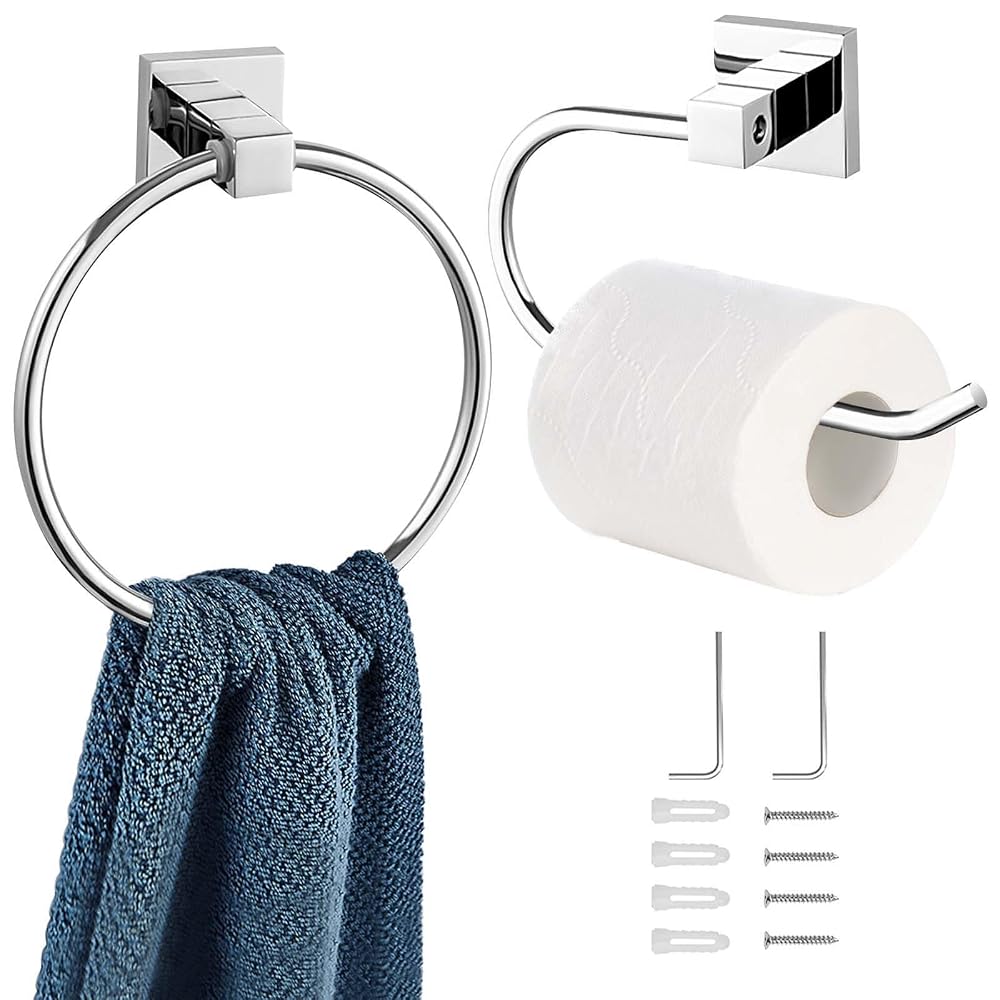 BEIJIE Chrome Toilet Roll Holder, 2 Piece Set with Towel Ring, 304 Stainless Steel Wall Mounted