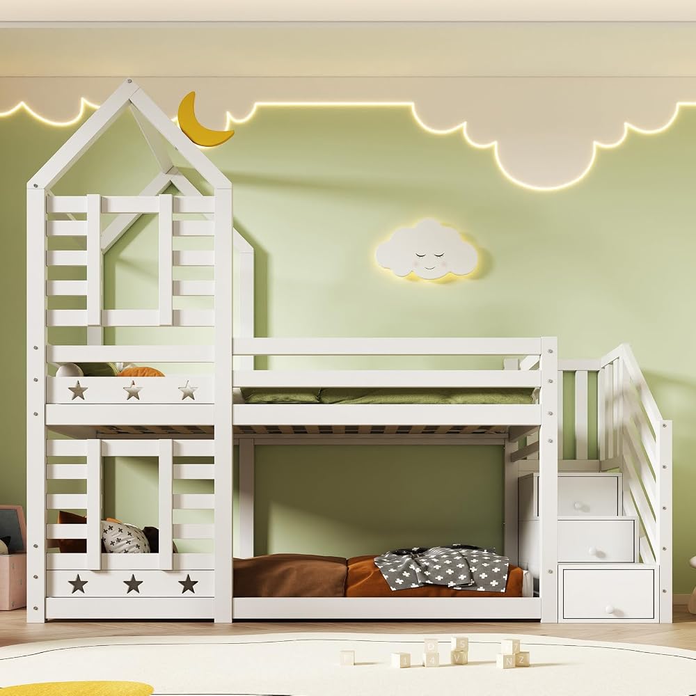 HUMZGHG 3FT Bunk Bed with Stairs, Cabin Beds with Window & Storage, Twin Sleeper Bedframe 190x90cm Solid Pine Wood Single Bed for Kids Boys Girls Children, White