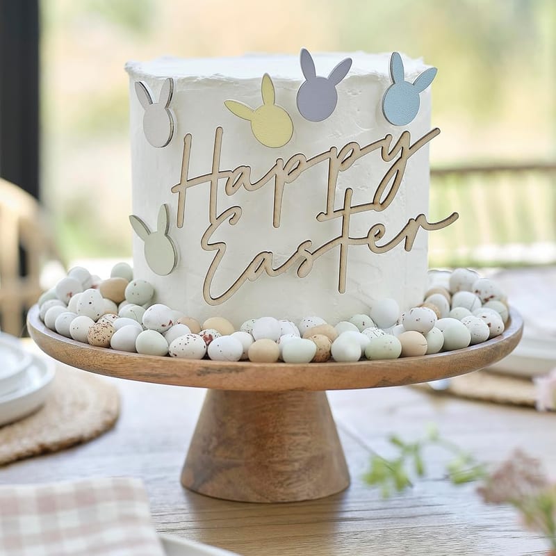 Ginger Ray 'Happy Easter' Wooden Easter Cake Decoration with 5x Bunny Head Cut-out Decorations