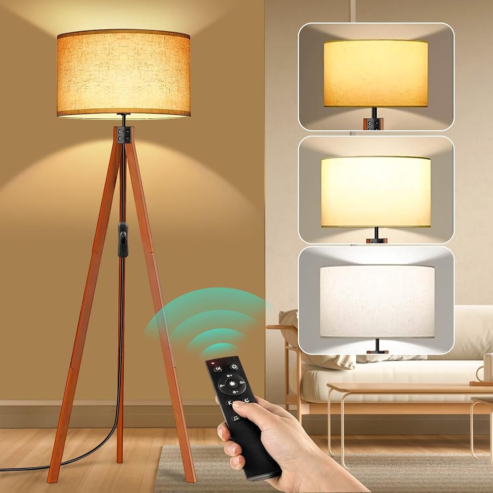 TONGLIN Floor Lamp Solid Wooden Tripod, Standing Lamp with Remote Control, Dimmable 3 Colour Temperatures, Flaxen Lamp Shade, E27 Base