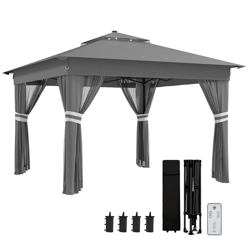 Outsunny 3 x 3(m) Pop Up Gazebo with Sides, 20 Solar-Powered LED Lights, Netting, Roller Bag, 4 Weight Bags, Marquee Party Tent, Height Adjustable Instant Event Shelter, Grey