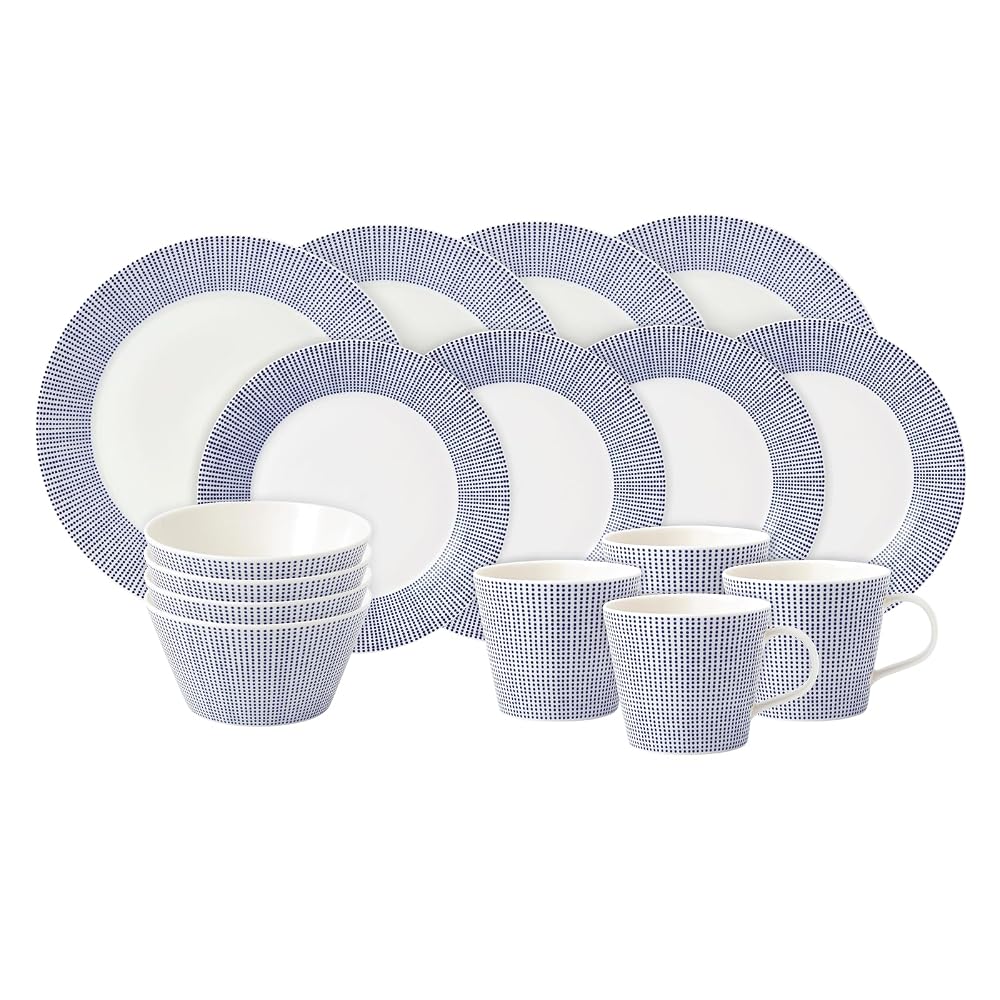 Royal Doulton Dinner Set, Stoneware, 1815 Pacific Dinnerware Set, Blue Dots, 16 Piece Set
