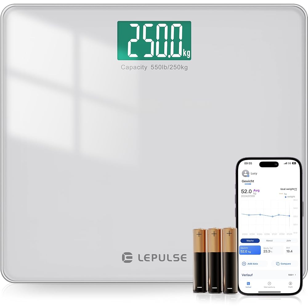 Lepulse Digital Bathroom Scales for Body Weight, 250kg Extra-High Capacity, Smart Weighing Scales with App, Extra-Large Platform, 8mm Tempered Glass