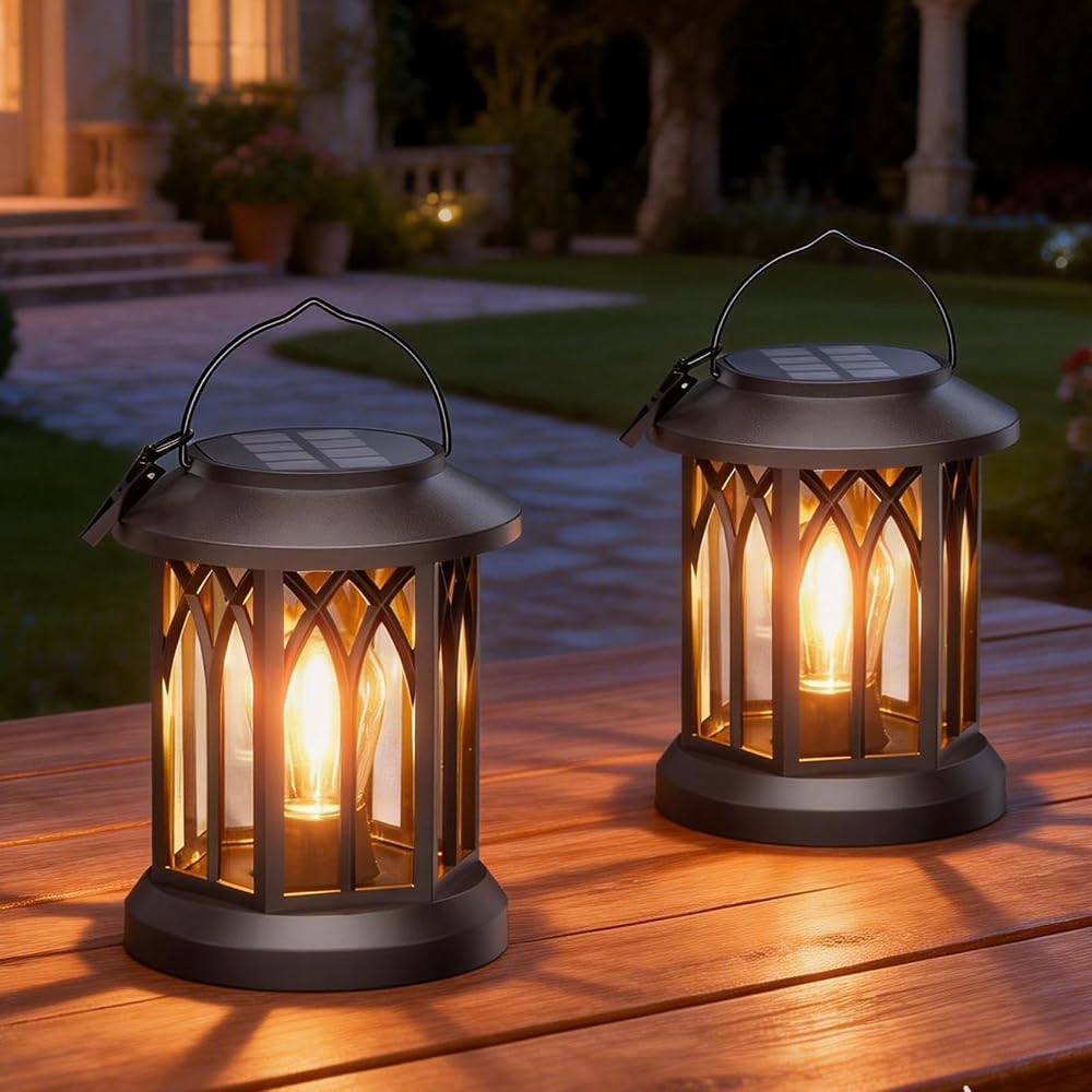 KOOPER Solar Lights Outdoor Garden, 2 Pack Hanging Solar Lanterns with LED Bulbs, Waterproof
