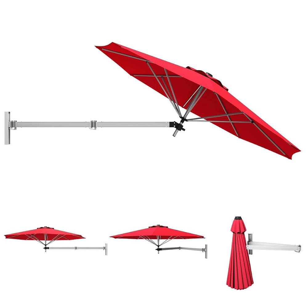 TANGZON Wall-Mounted Parasol, Outdoor Patio Garden Umbrella with Large Shading Area, Wall Tilting Sunshade (Brown)