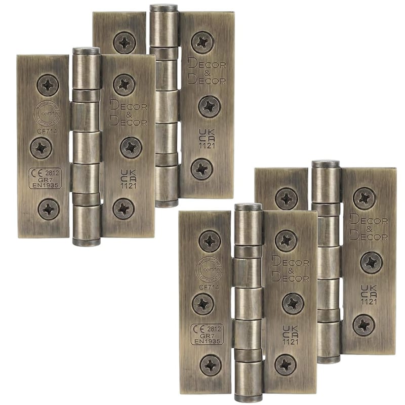 Decoranddecor Fire Rated Internal Door Hinges, 3 Inch (76mm) Ball Bearing Steel, Antique Brass, 2 Pairs