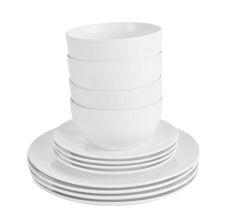 12PC Dinnerware Porcelain White Set: 4 Dinner Plates, 4 Side Plates & 4 Bowls, Dishwasher & Microwave Safe