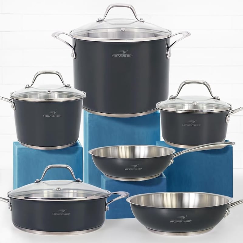 HOMICHEF 10-Piece Nickel Free Stainless Steel Cookware Set - Healthy Non-Toxic Induction Pots and Pans Set, Navy Gray