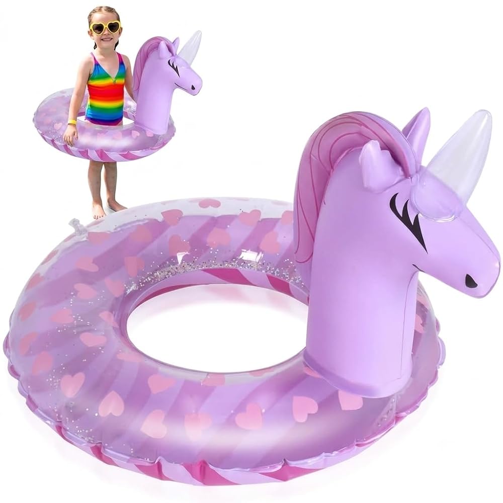 Zuimei Unicorn Inflatable Pool Floats for Kids, PVC Pool Float Inflatable Pool Rings with Glitter Swimming Pool Float Toy (5-9 Years Old)