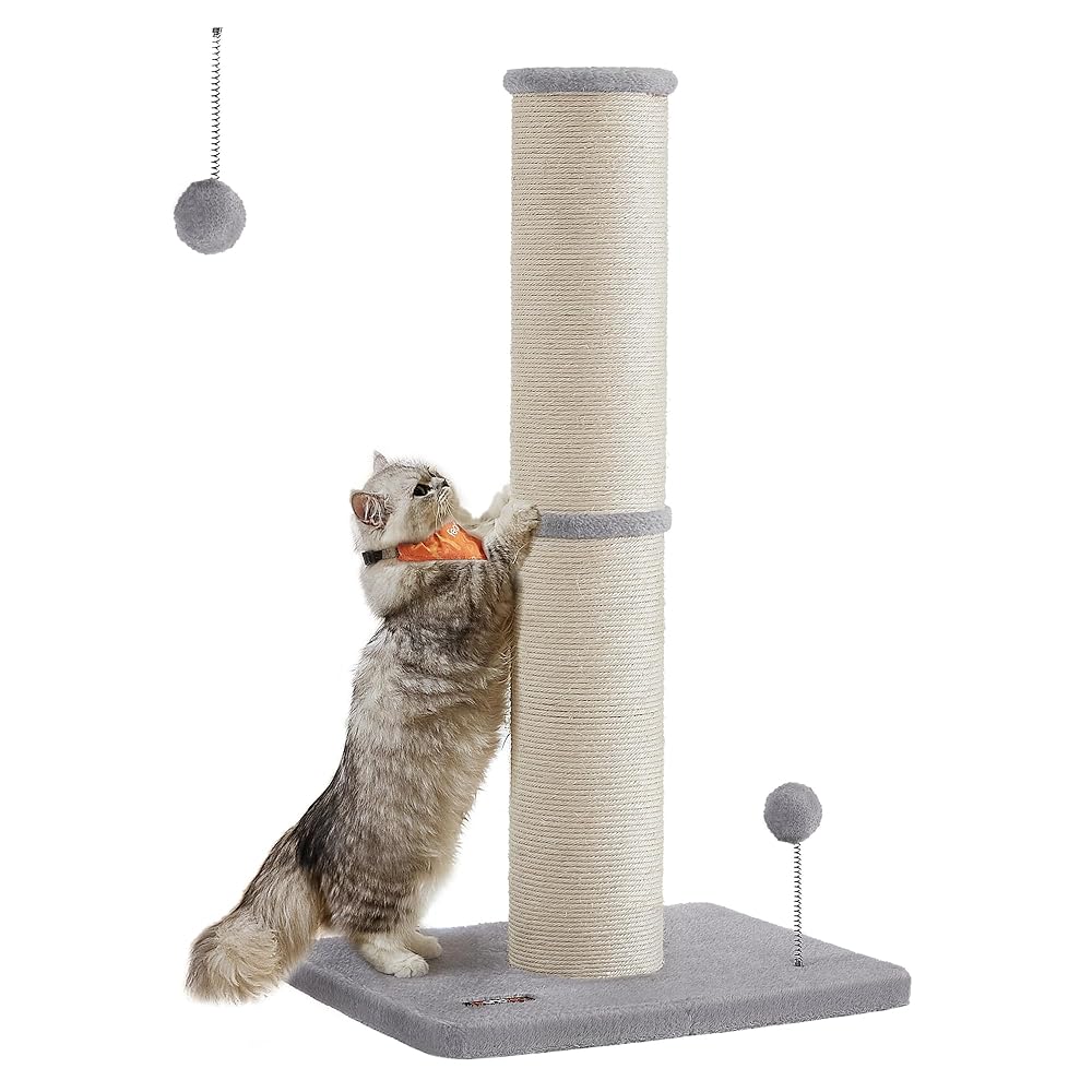 Feandrea Cat Scratching Post, 85 cm Tall Cat Scratcher for Medium and Large Cats, Sisal Scratch Pole, Spring Pompom with Built-in Bell, Dove Grey