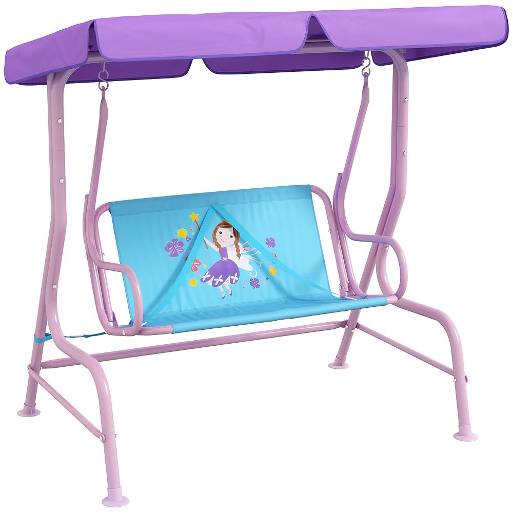 Outsunny 2 Seat Kids Swing Chair Adjustable Canopy for Ages 3-6 Years Blue | Fairy Themed, Double Kids Garden Swing Bench, Safety Belts, Patio Park Porch