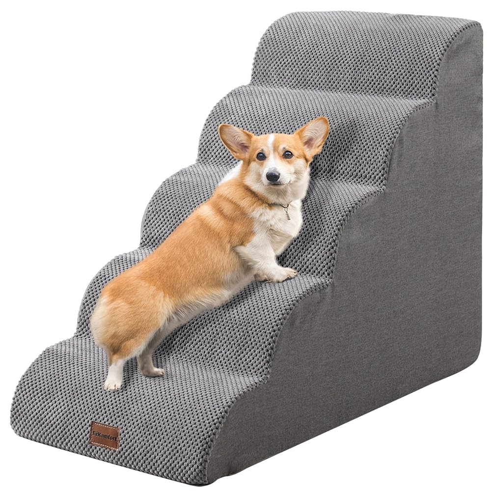 Ezkamfort Dog Steps for Bed, 5-Step High Density Foam Dog Stairs with Detachable Cover and Non-Slip Bottom